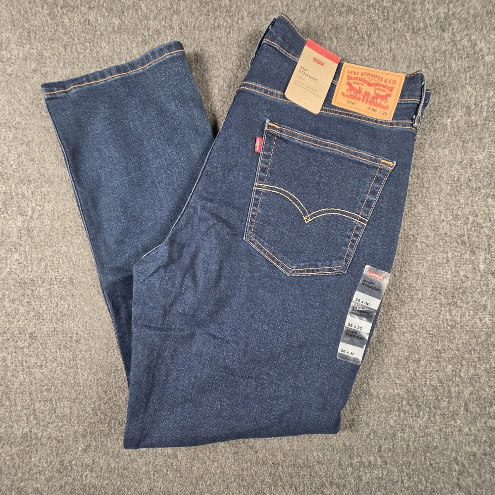 Levis 514 Straight Fit Jeans Mens 36x30 Blue Dark Wash Denim NWT Stretch